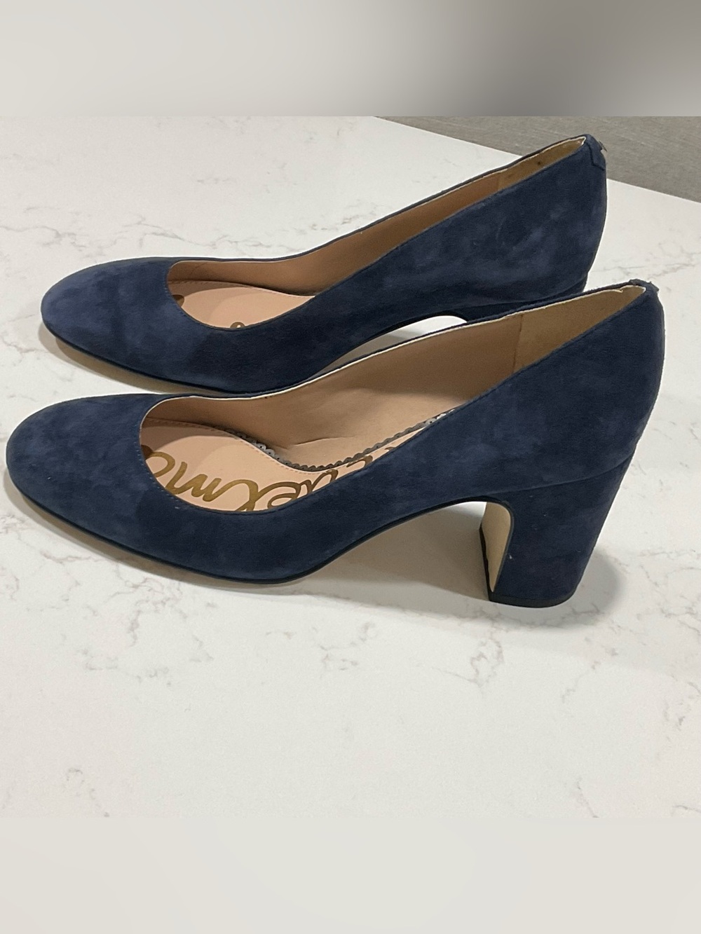 Sam Edelman Junie Navy Suede Block Heel Pumps Size 8 Round Toe 3” Heel - Picture 5 of 6